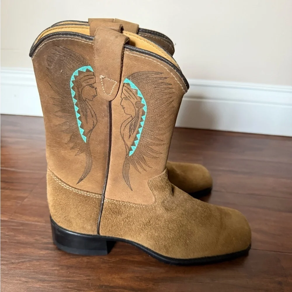 Tan Suede Girls Western Cowboy Boots-Size 3D Like New
